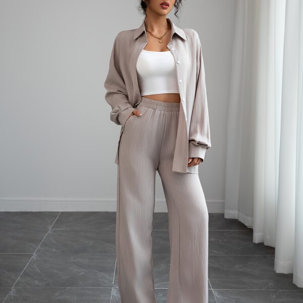 Effortless Chic Relaxed Casual Set in premium polyester Model wearing a comfortable and stylish two piece outfit perfect for everyday wear