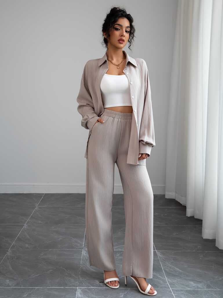 Effortless Chic Relaxed Casual Set in premium polyester. Model wearing a comfortable and stylish two-piece outfit perfect for everyday wear.