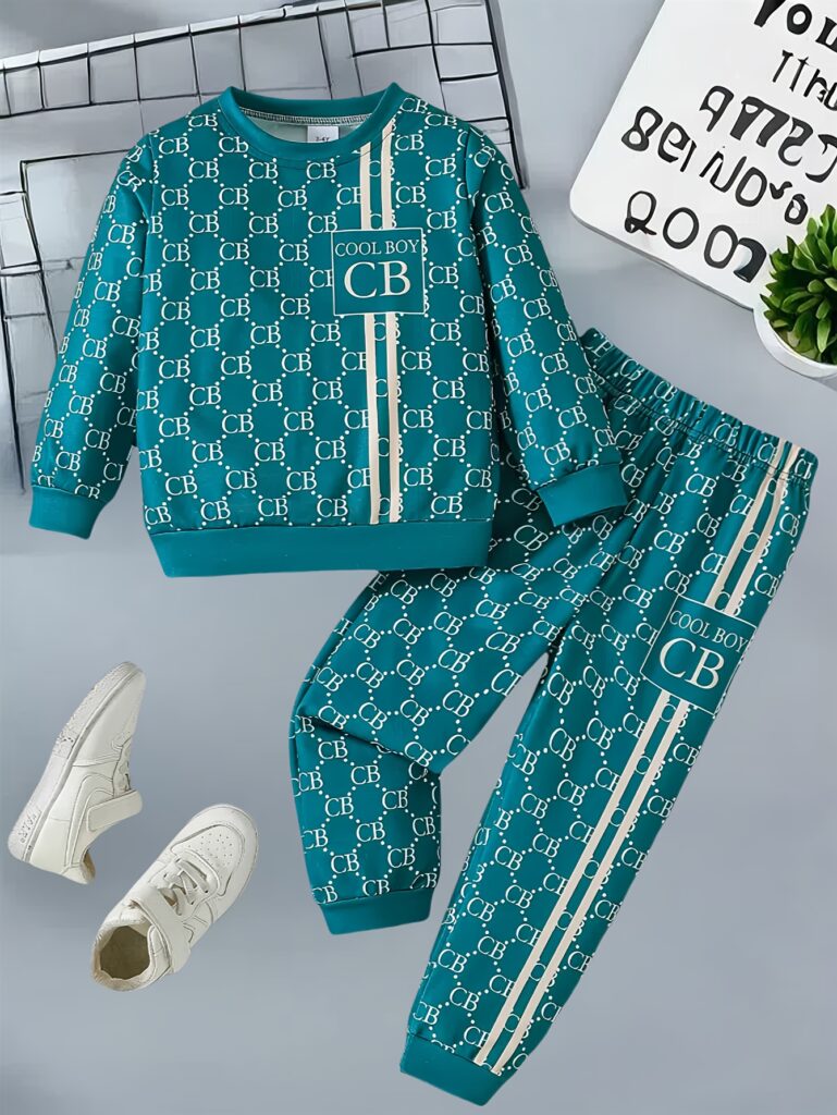 Stylish toddler boy wearing a trendy color block two-piece outfit, perfect for spring or autumn. The outfit features a comfortable, soft knit fabric in a vibrant color block design.