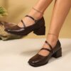 Womens elegant black Mary Jane high heels with chunky block heel square toe and adjustable ankle strap