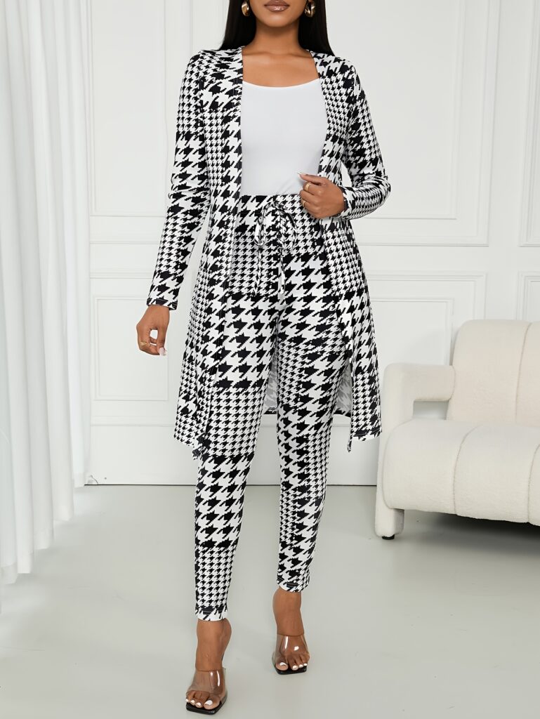 The Newness Chic Houndstooth Pant Set: a stylish and modern two-piece outfit, perfect for spring. Features a houndstooth print on both the pants and coordinating top.