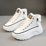 Womens Trendy Platform Sneakers with Lace Up and Side Zipper in White