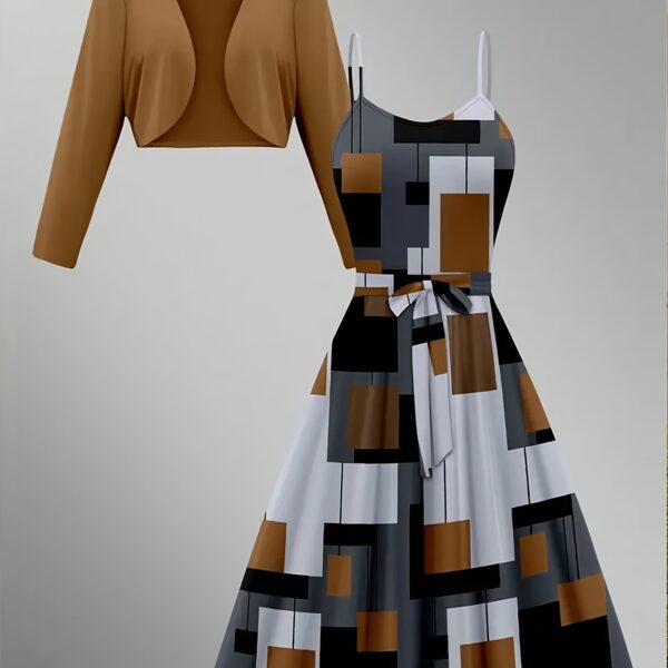 Newness City Chic Geometric Print Dress Set A stylish two piece dress set featuring a chic geometric print perfect for any occasion