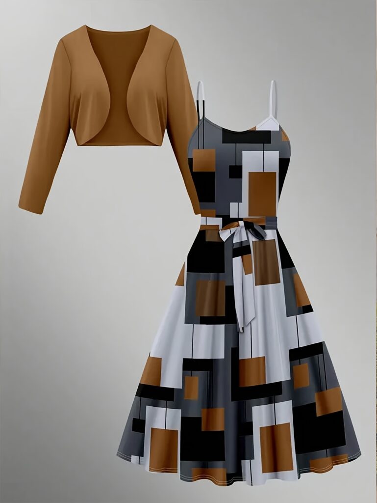 Newness City Chic Geometric Print Dress Set: A stylish two-piece dress set featuring a chic geometric print, perfect for any occasion.