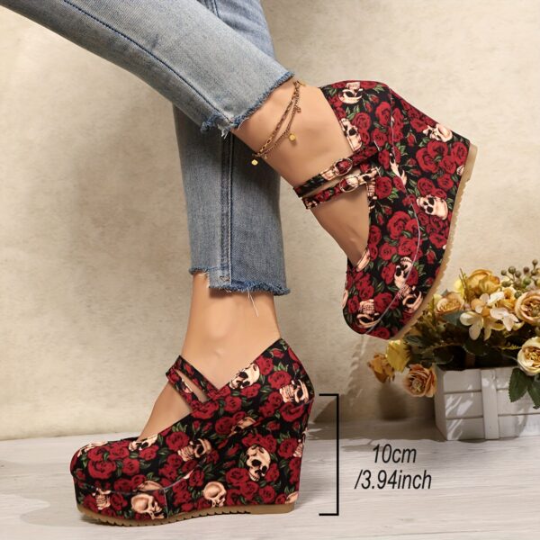 Newness Rose Skull Wedge Sandals Trendy platform wedges featuring a unique rose and skull print comfortable straps and stylish platform heels