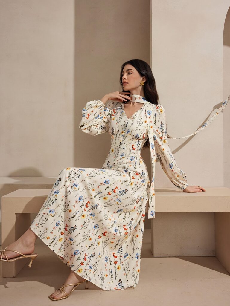 Casablanca Tie Neck Midi Dress in luxurious polyester, perfect for any occasion. Flattering tie-neck detail and midi length.