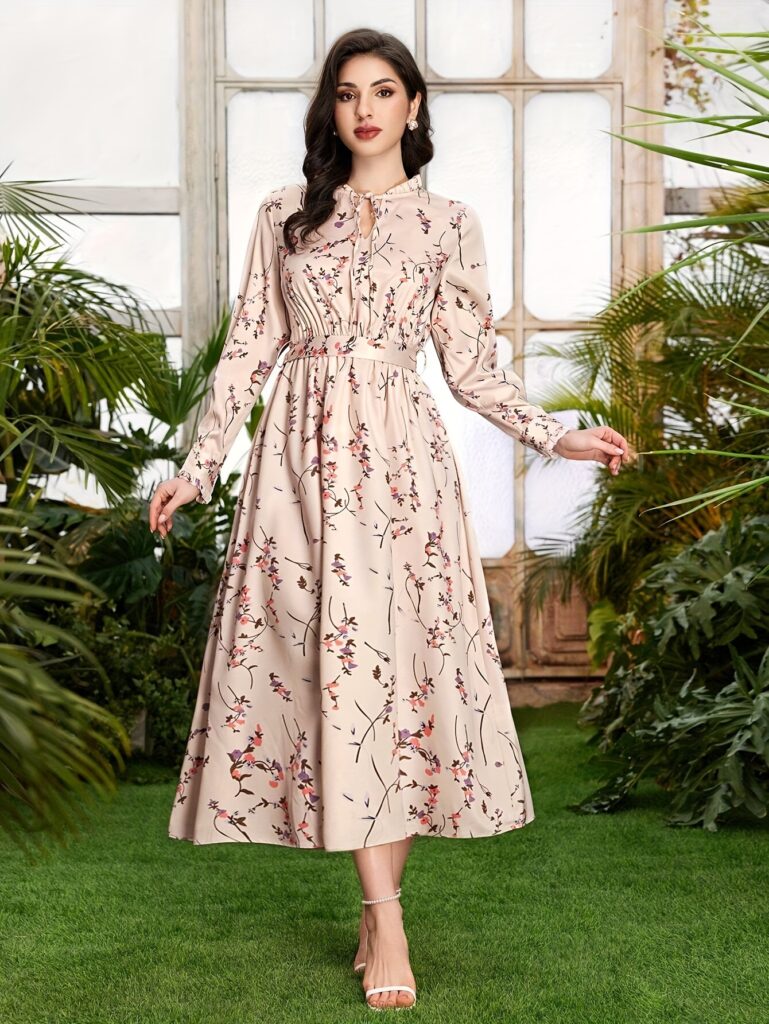 Casablanca Floral Print Dress in flowing polyester, shown on model. Perfect for spring, summer, and fall.