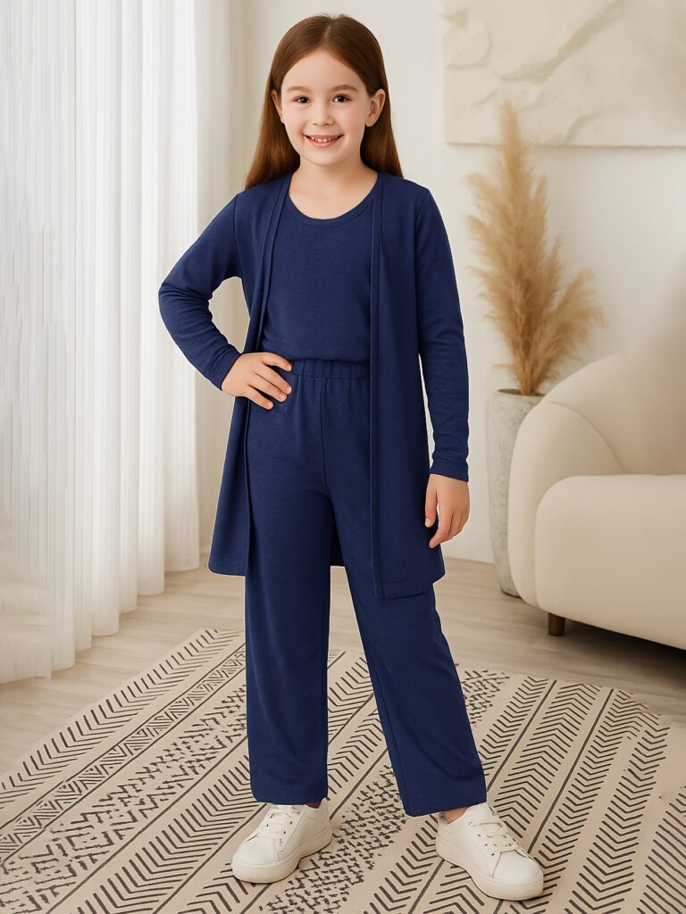 Adorable girls three-piece outfit in versatile style, perfect for all seasons. Featuring comfortable and stylish pieces for everyday wear.
