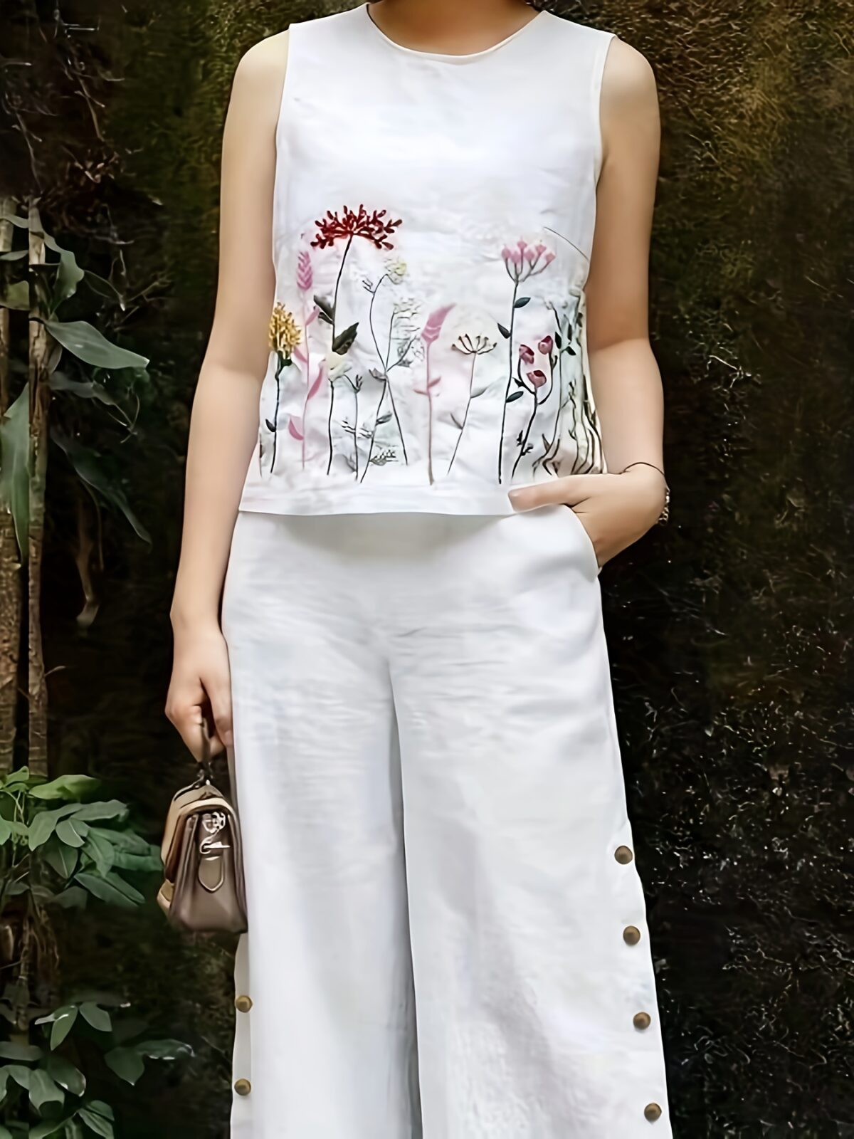 The Newness Botanical Embroidered Vest Suit in a flattering pose Showcasing the intricate embroidery and chic design