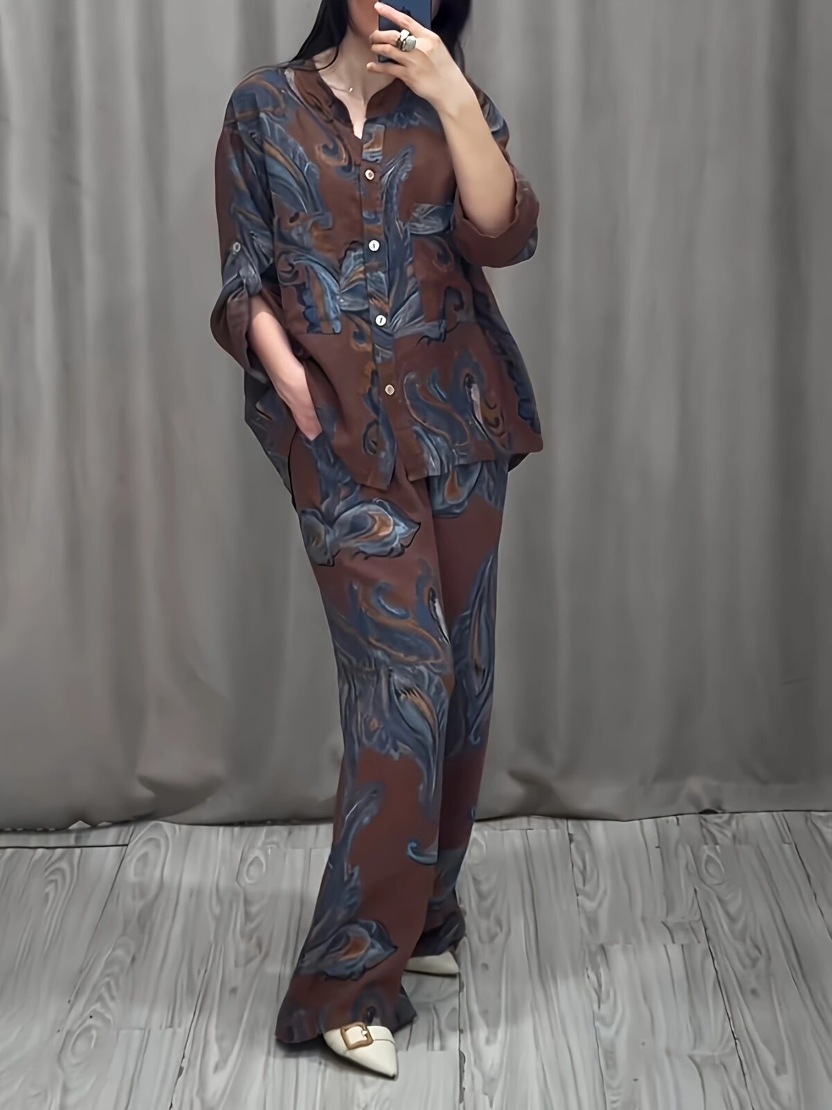 Blush Blossom Printed Pleated Set by Newness Flattering two piece outfit in a beautiful pleated design Model wears a size small