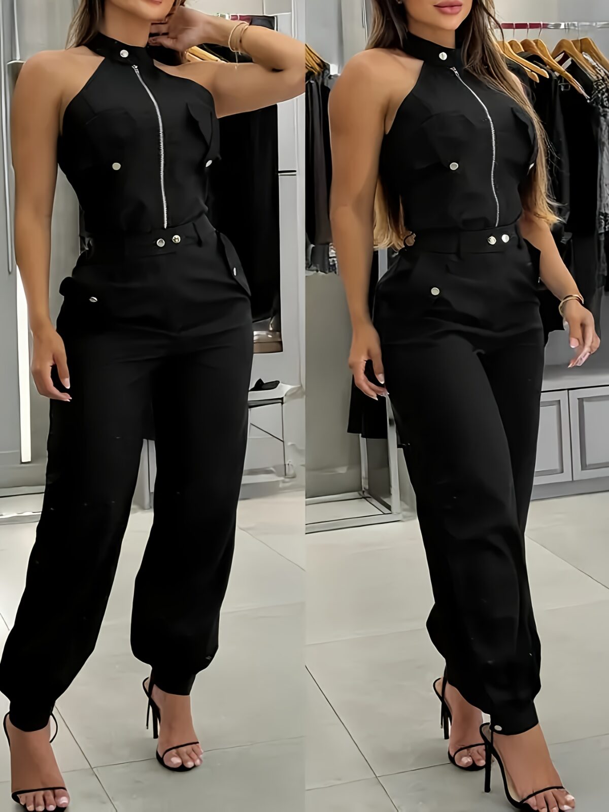 Model wearing the Sahara Sunset Beige Zipper Jumpsuit a flattering beige jumpsuit perfect for spring and summer The jumpsuit features a zipper closure and a chic effortless silhouette