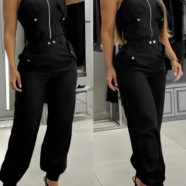 Model wearing the Sahara Sunset Beige Zipper Jumpsuit, a flattering beige jumpsuit perfect for spring and summer. The jumpsuit features a zipper closure and a chic, effortless silhouette.