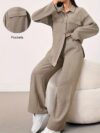 Beige Minimalist Casual Two Piece Set A stylish and comfortable beige jacket and pants set perfect for fall and winter Model showcases effortless chic