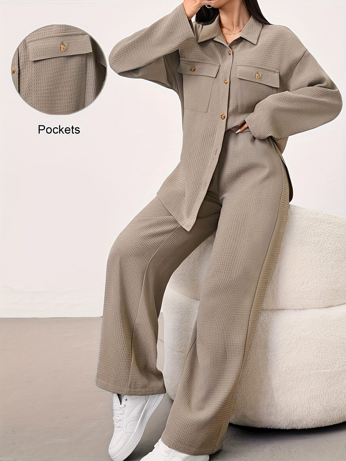 Beige Minimalist Casual Two Piece Set A stylish and comfortable beige jacket and pants set perfect for fall and winter Model showcases effortless chic