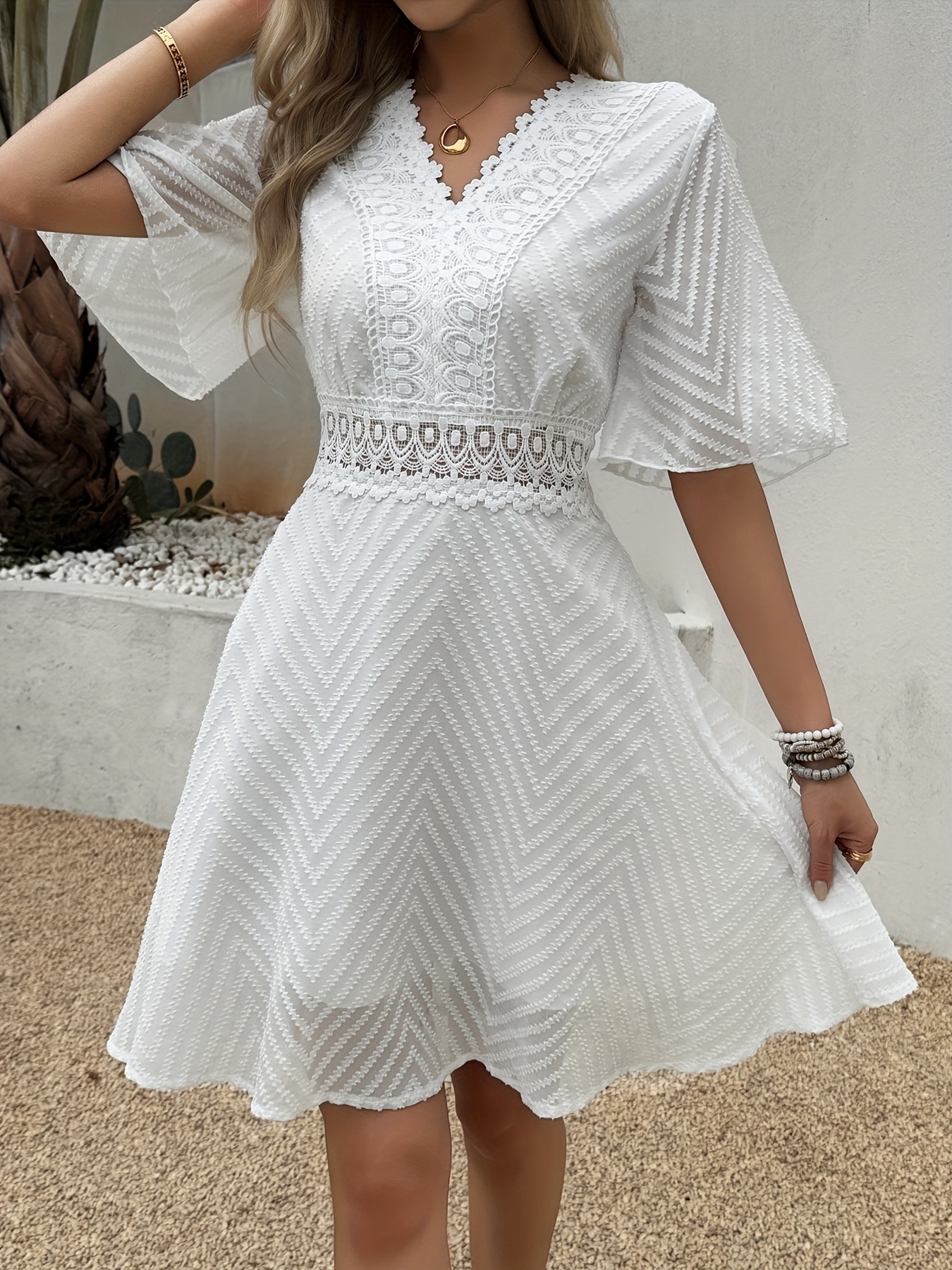 Women's Elegant V-Neck Laser Cutout Lace Splicing Graduation Dress - Short Sleeveless Summer Dress with Zipper Back, Textured White Solid Color, Hand Wash/Dry Clean, Spring/Summer Casual & Formal Wear, Dresses for Graduation, Formal Summer Wear, Sophisticated Fashion, Sophisticated Craftsmanship, Highquality Fabric, Fashion Lovers