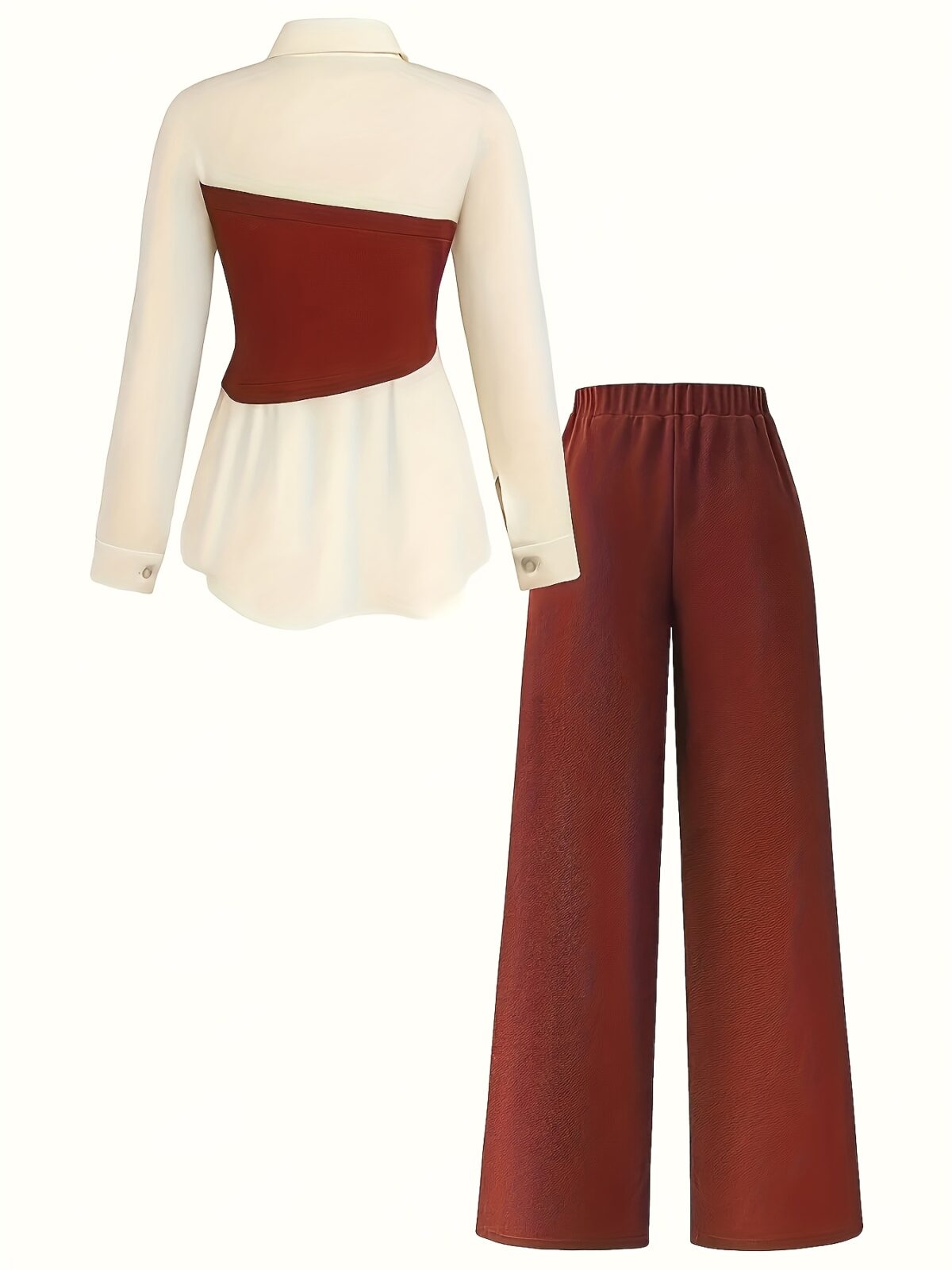 Model wearing the Newness Metropolitan Chic Two Piece Pant Set a stylish and comfortable pant set perfect for the office or everyday wear The set includes a matching top and pants in a versatile color