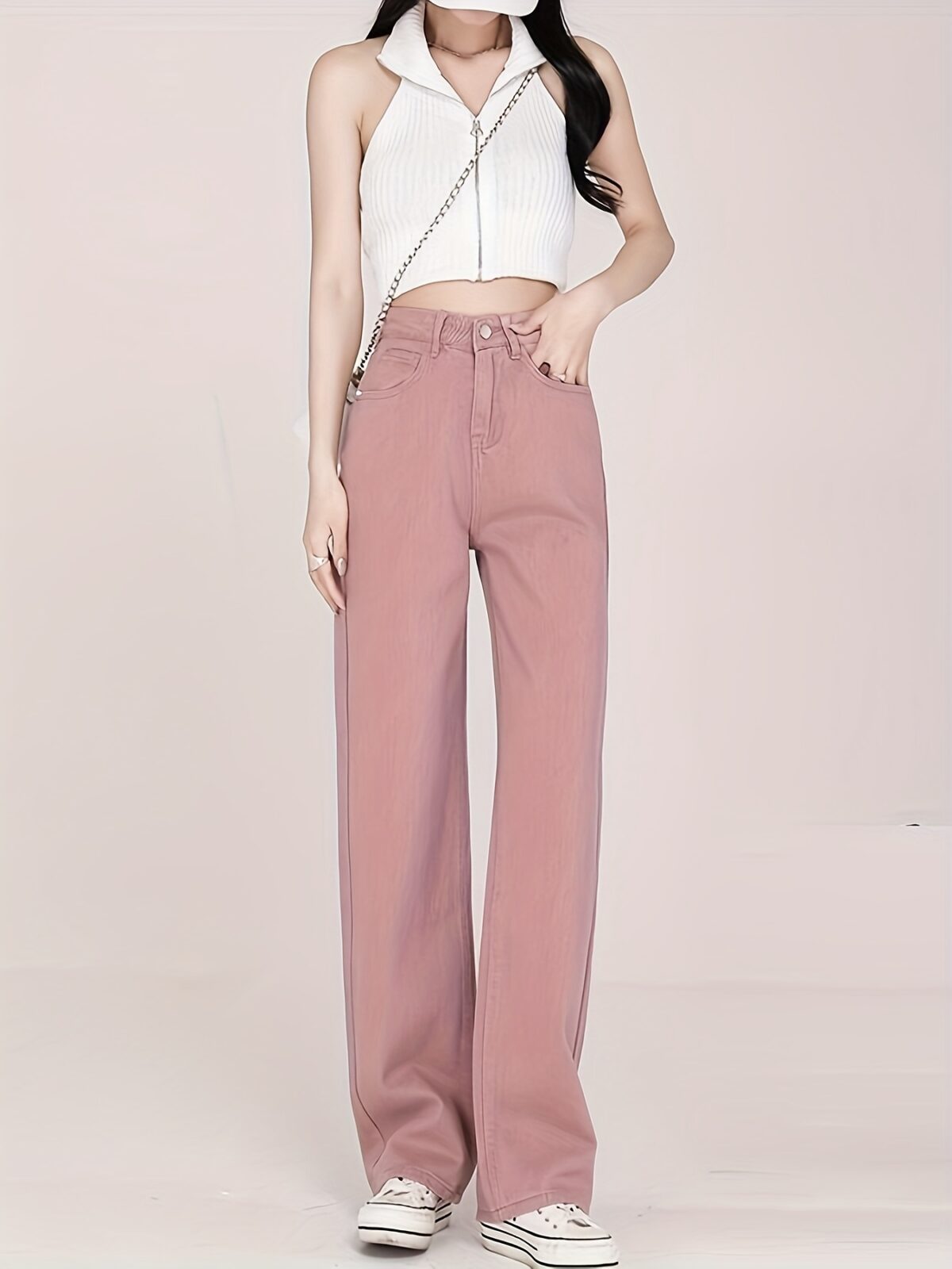 Newness Milan High Waisted Straight Leg Jeans Flattering fit timeless style A model wears the jeans
