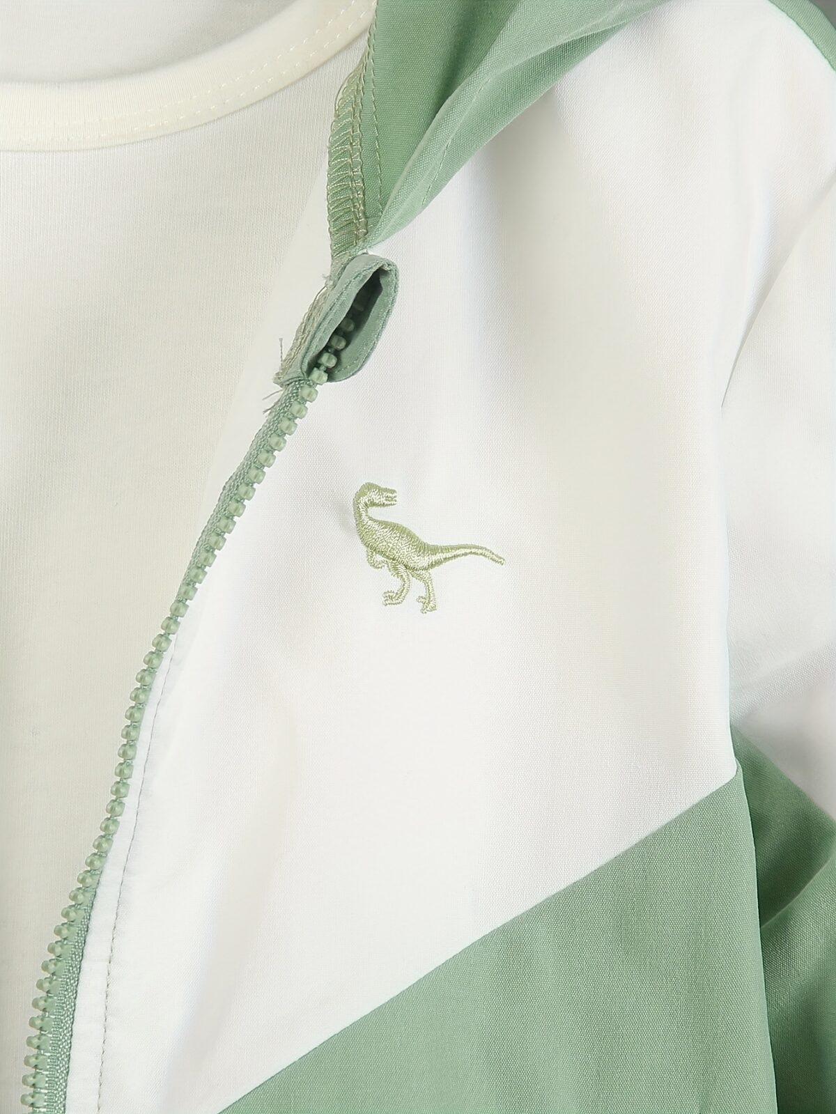 Stylish boys color block jacket and pants set featuring embroidered dinosaur details Perfect for spring or fall