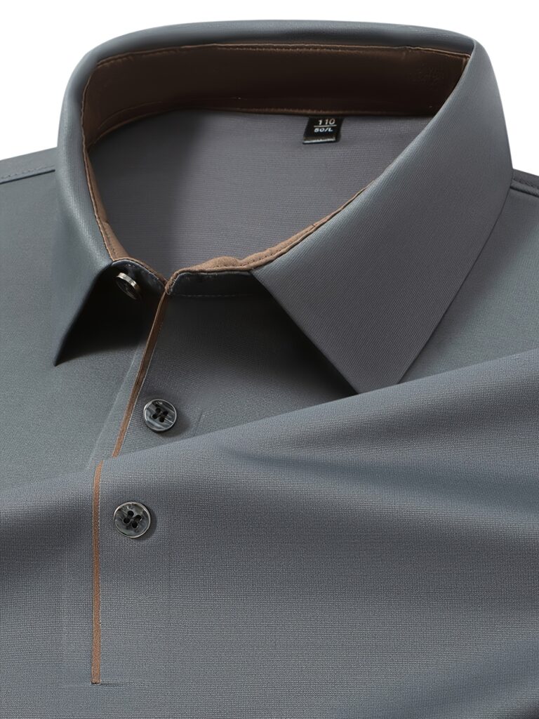 Men's navy blue long sleeve shirt with brown contrast details, silky smooth fabric, perfect for business casual or office wear.