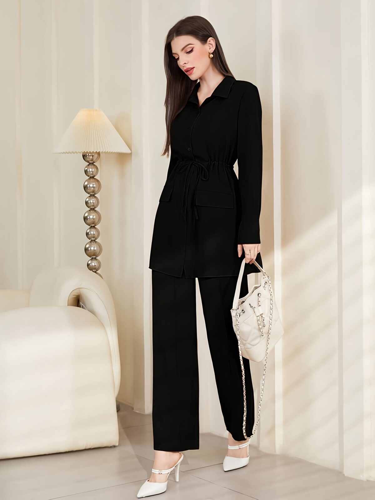 The Newness Minimalist Solid Color Set A sophisticated two piece outfit in a minimalist solid color perfect for spring and fall transitions Model showcases the versatile styling options