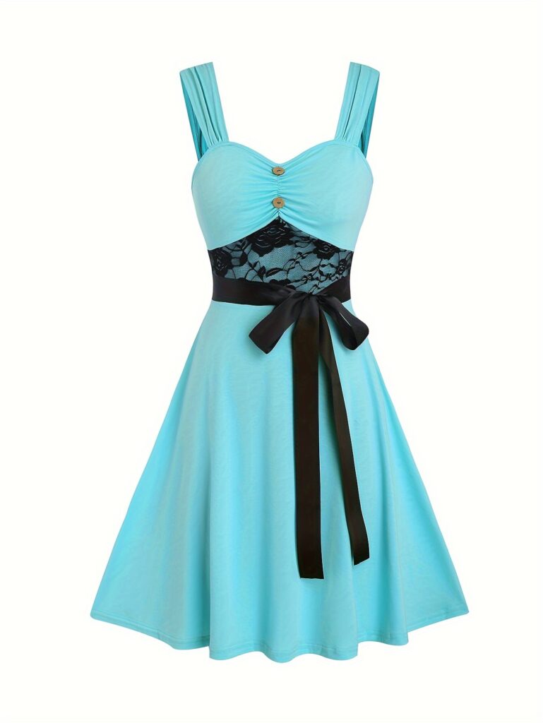 Azure Dream Lace Trim Dress from Newness in a flattering pose, showcasing its intricate lace detailing and flowy silhouette.