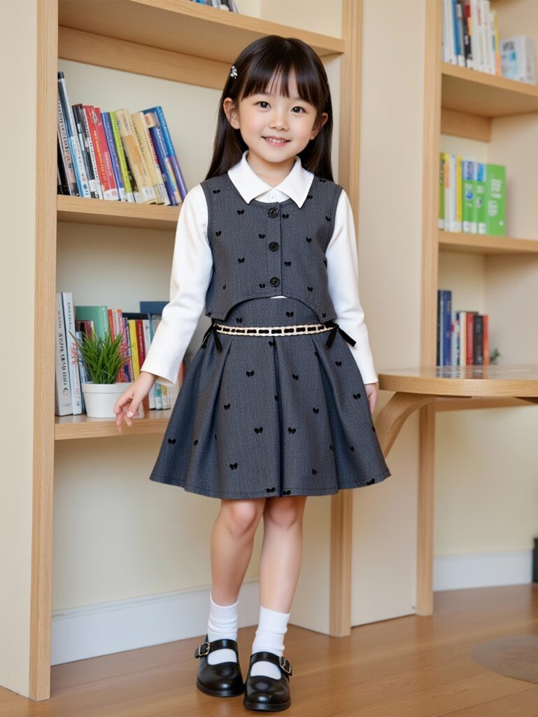 The Charlotte Girls' Preppy Skirt Set in a flattering fall-toned color palette. The three-piece set includes a skirt, sweater and blouse.