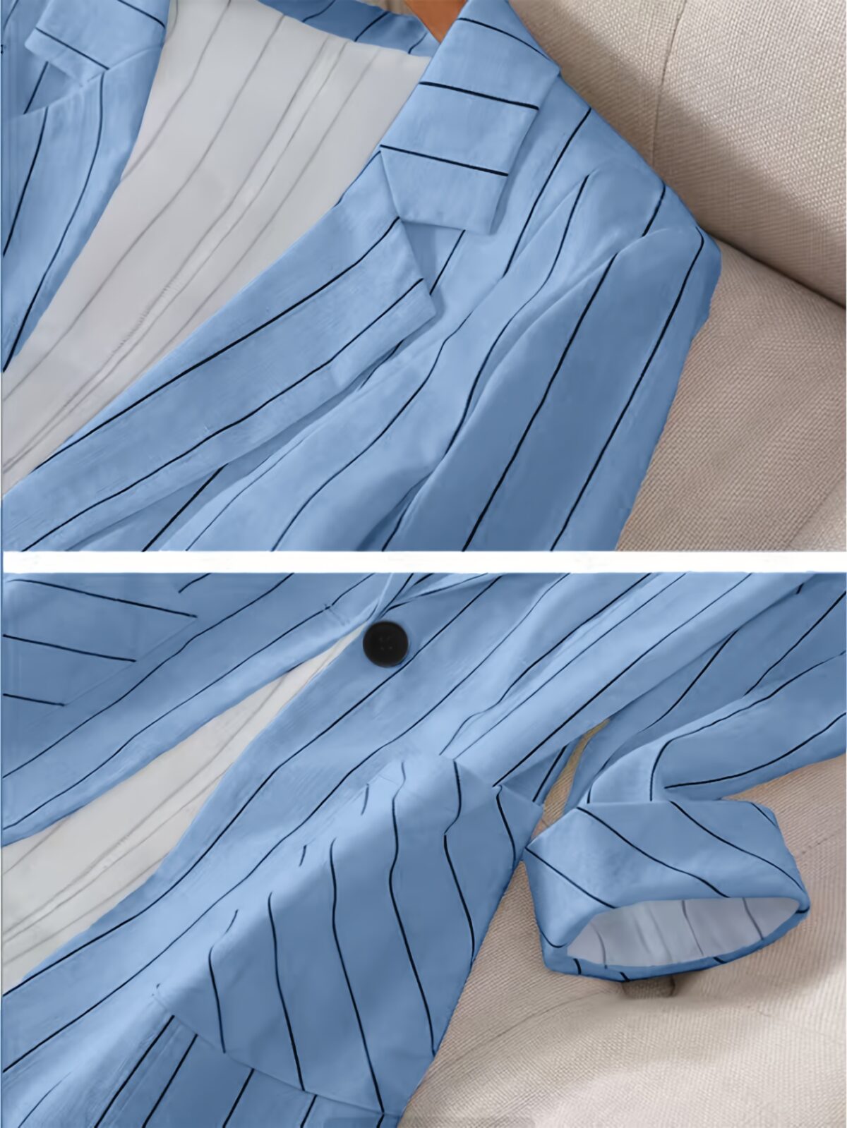 Spring Breeze Womens Light Blue  White Striped Elegant Tailored Blazer A stylish and versatile blazer perfect for spring summer and fall Flattering light blue and white stripes tailored fit for both casual and formal occasions