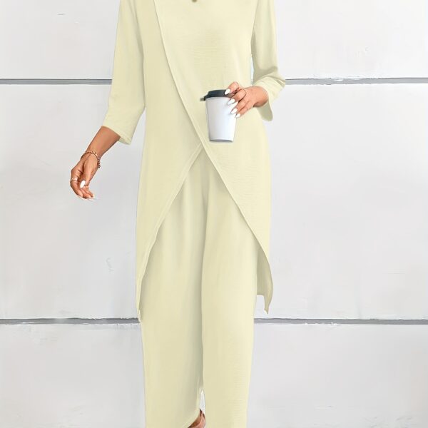 Effortlessly chic woman wearing the Jing Fei solid color pants set a luxurious polyester blend perfect for springsummer The model showcases the comfortable and stylish design