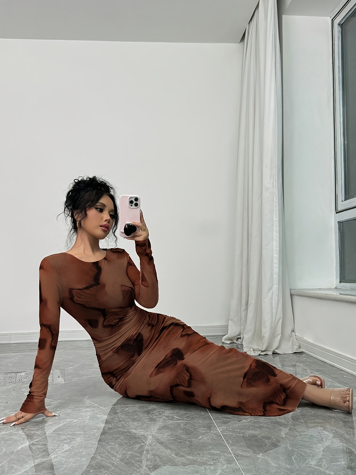 Elegant Gradient Long Sleeve Bodycon Dress for Women - Stretchy Polyester Blend, Round Neck, Form-Fitting Silhouette, Perfect for Spring/Summer, Formal or Casual Occasions, Casual Elegant Dress | Formfitting Dress | Polyester Blend Dress