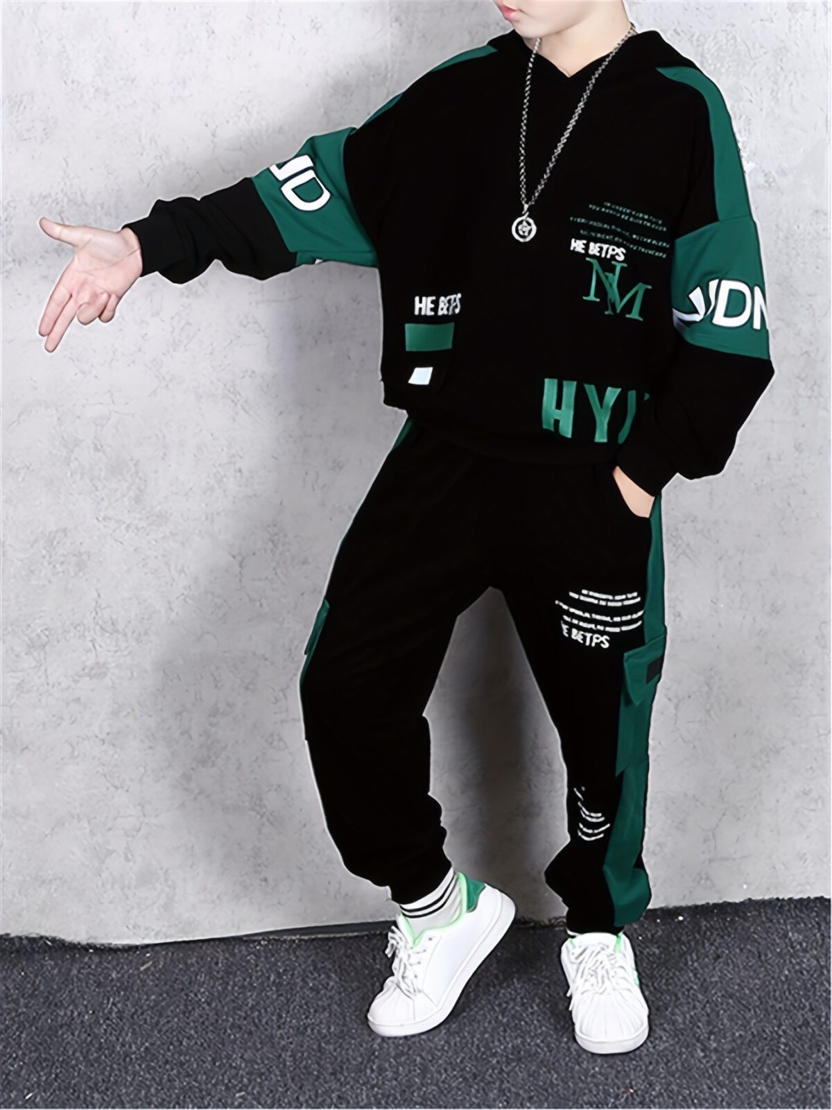 Stylish boys autumn hoodie set in a trendy color block design with bold alphabet prints Perfect for spring and fall