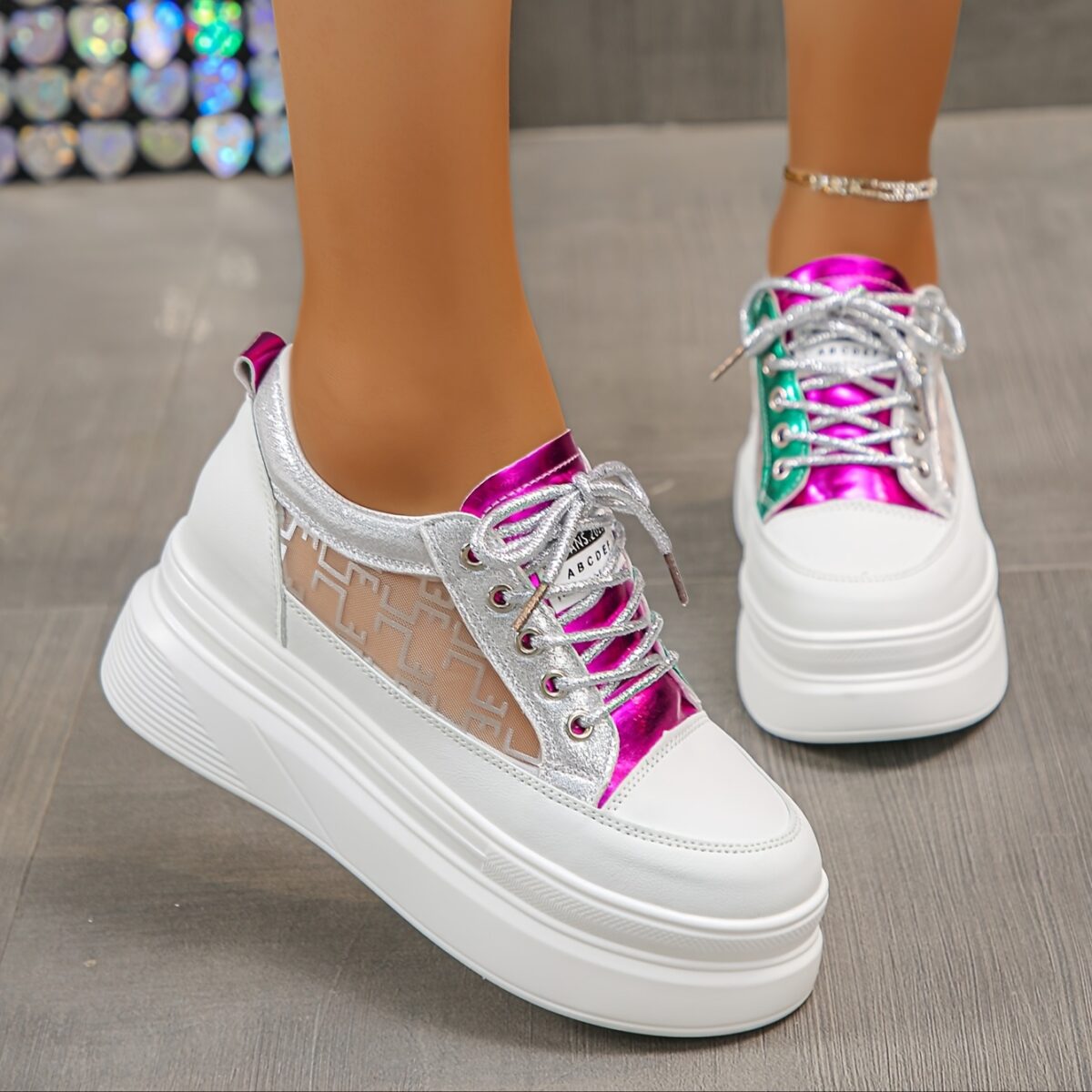 Newness Elevated Edge Chunky Platform Sneakers in white showcasing the chunky platform sole modern design and breathable fabric The shoes are styled on a models feet emphasizing their comfortable and confident lift