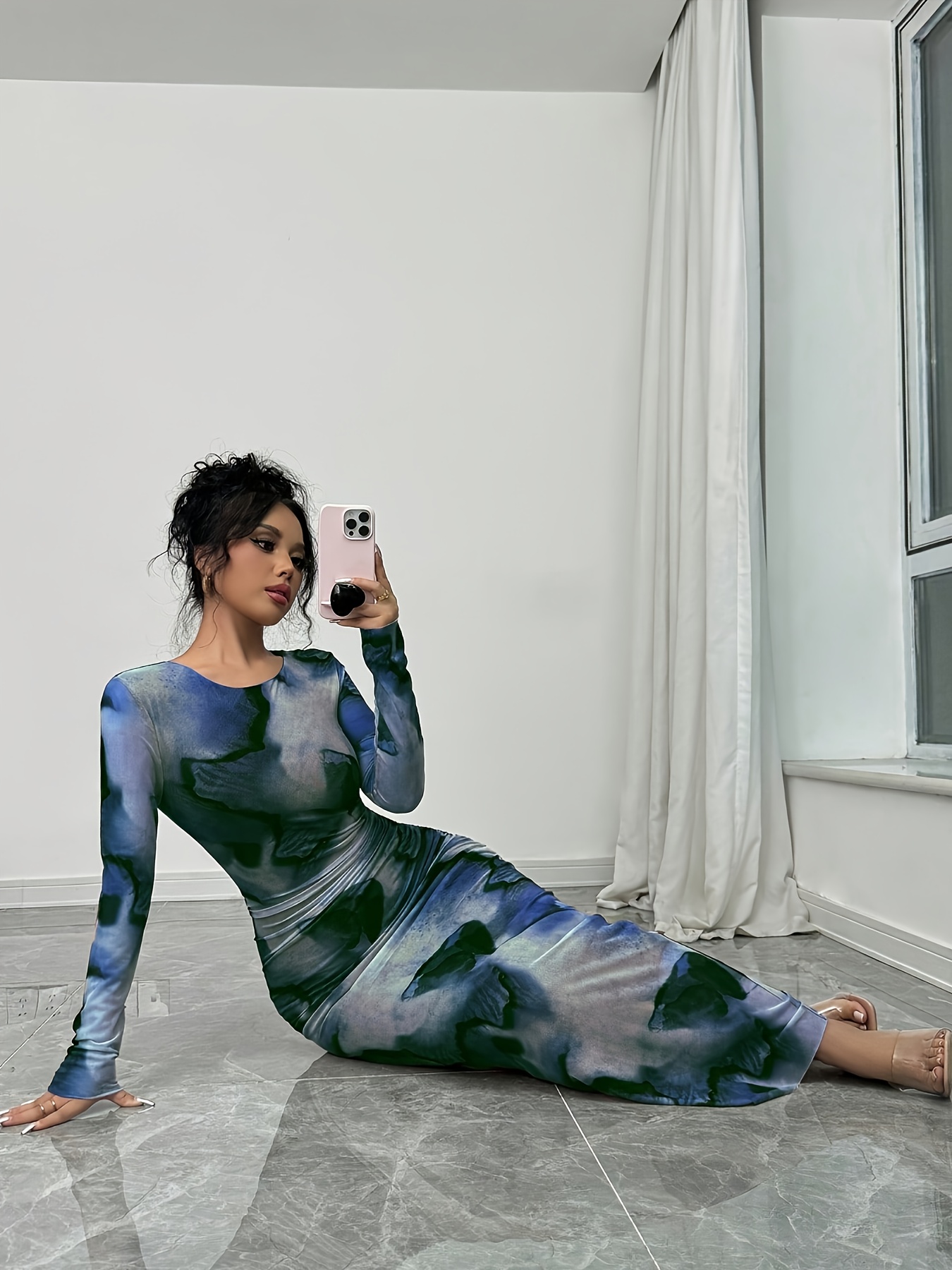 Elegant Gradient Long Sleeve Bodycon Dress for Women - Stretchy Polyester Blend, Round Neck, Form-Fitting Silhouette, Perfect for Spring/Summer, Formal or Casual Occasions, Casual Elegant Dress | Formfitting Dress | Polyester Blend Dress