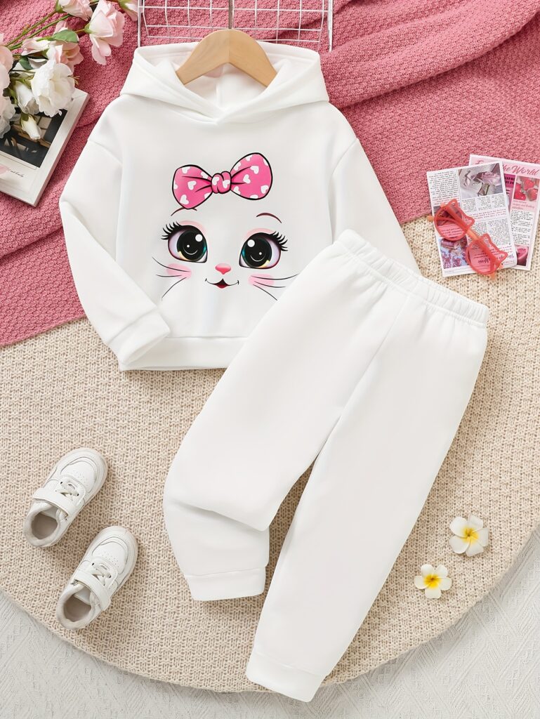 Adorable girls' two-piece cat print outfit, perfect for autumn and winter. Stylish and comfortable, ideal for school, parties, or travel.
