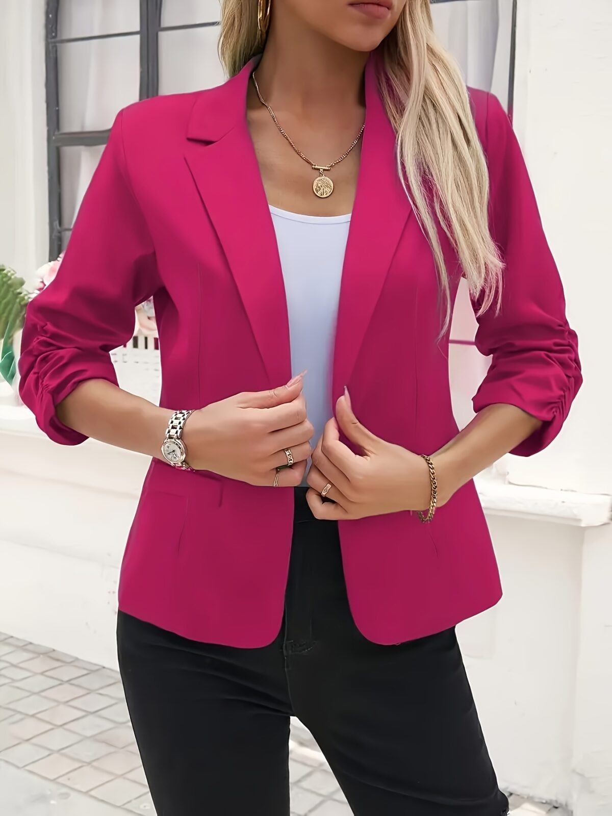 Crimson Chic Stylish Red Womens Blazer   Flattering three quarter sleeves loose fit lightweight polyester