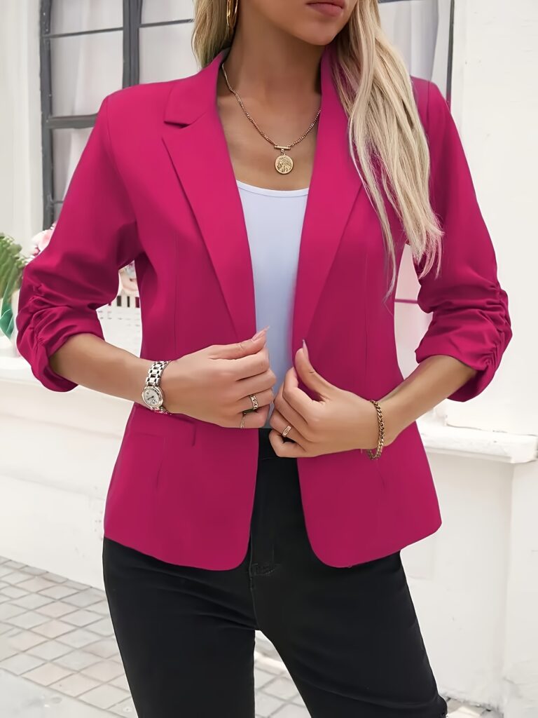 Crimson Chic Stylish Red Women's Blazer - Flattering three-quarter sleeves, loose fit, lightweight polyester.