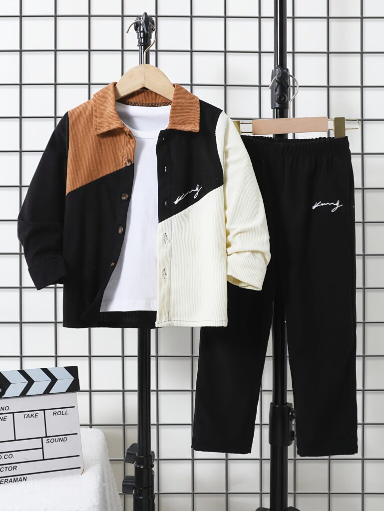 Stylish boys' corduroy set in autumnal tones featuring a button-up shirt and matching letter-print pants. Perfect for fall adventures!