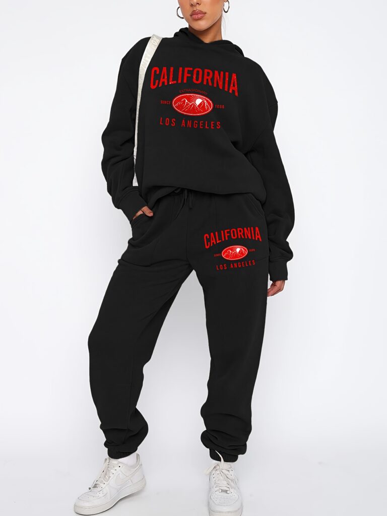 Stay cozy and stylish in the Newness Sunset Boulevard California Print Hoodie & Sweatpants Set. Fleece-lined for ultimate comfort, this chic set features a vibrant California print.