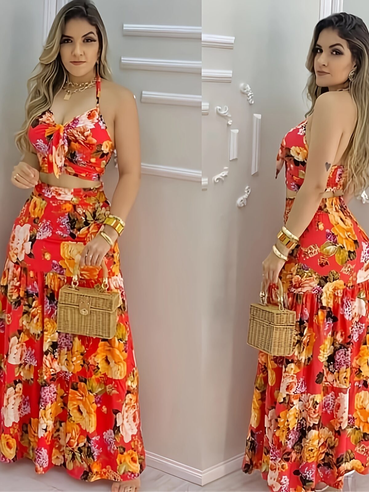 Model wearing the Newness Dubai Nights Tropical Print Suit a chic and effortless summer outfit perfect for a getaway The suit features a vibrant tropical print