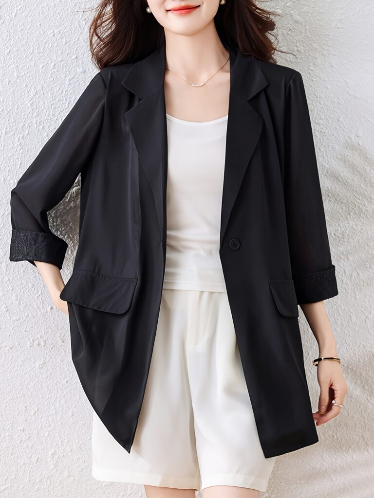 City Chic Lace Trim Suit Jacket in a flattering loose fit, showcasing delicate contrast lace detail.