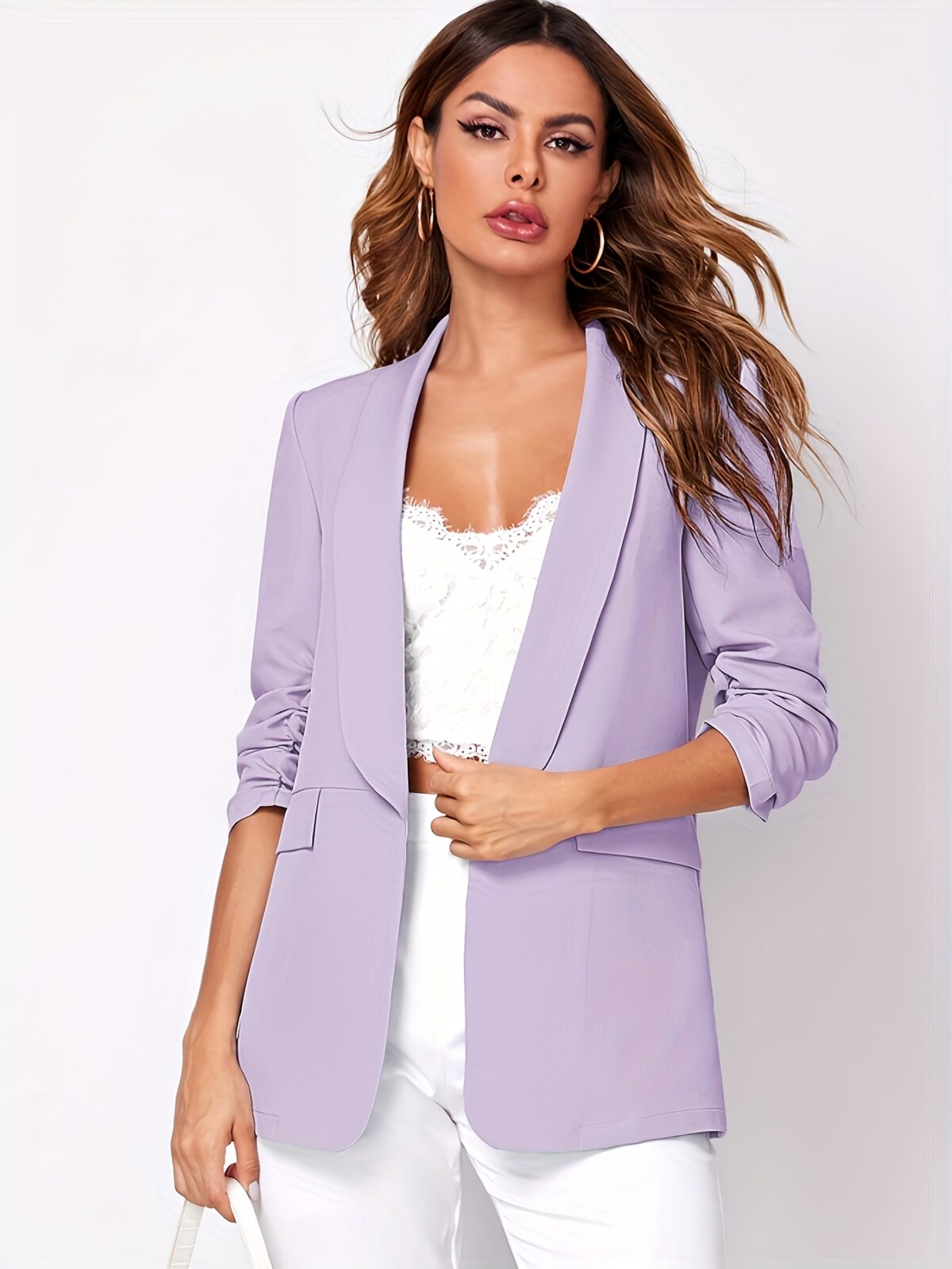 Modern Muse Womens Light Blue Casual Office Blazer a versatile light blue blazer perfect for the office or casual wear Flattering silhouette Model wearing a light blue blazer