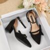 Newness Bow Detail Pointed Toe Pumps Chic wide width heels in black featuring a delicate bow mid block heel and durable rubber sole perfect for both casual and formal wear