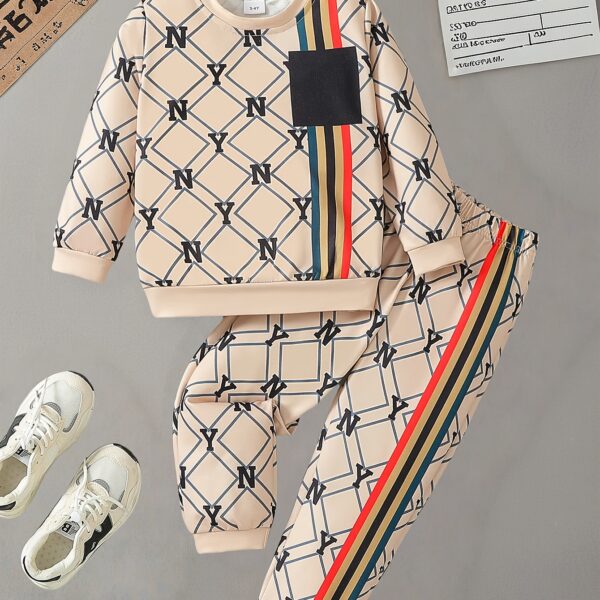 Stylish boys two piece outfit featuring a trendy N Y English letter print long sleeve t shirt and matching pants Perfect for city adventures and everyday wear