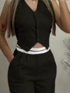 Effortless Chic Newness V Neck Vest and Pants Set in smooth polyester Perfect for any occasion