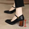 Elegant brown and white vintage style block heel pumps with ankle strap square toe and rubber sole