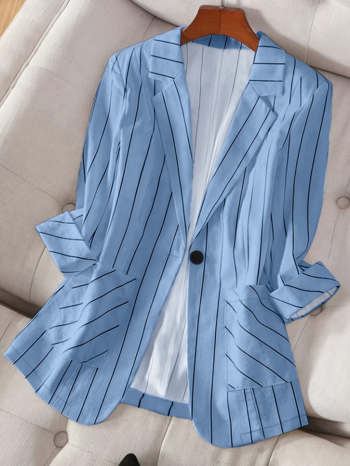 Spring Breeze Womens Light Blue  White Striped Elegant Tailored Blazer A stylish and versatile blazer perfect for spring summer and fall Flattering light blue and white stripes tailored fit for both casual and formal occasions