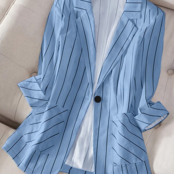Spring Breeze Womens Light Blue  White Striped Elegant Tailored Blazer A stylish and versatile blazer perfect for spring summer and fall Flattering light blue and white stripes tailored fit for both casual and formal occasions