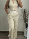 Effortless Chic Newness V Neck Vest and Pants Set in smooth polyester Perfect for any occasion