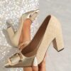 Newness Sunburst Crystal Buckle Heels Elevate your look with these chic and comfortable heels perfect for any occasion Featuring a dazzling sunburst crystal buckle