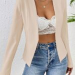 Flattering beige blazer for women featuring a chic asymmetrical hem perfect for both casual and formal occasions