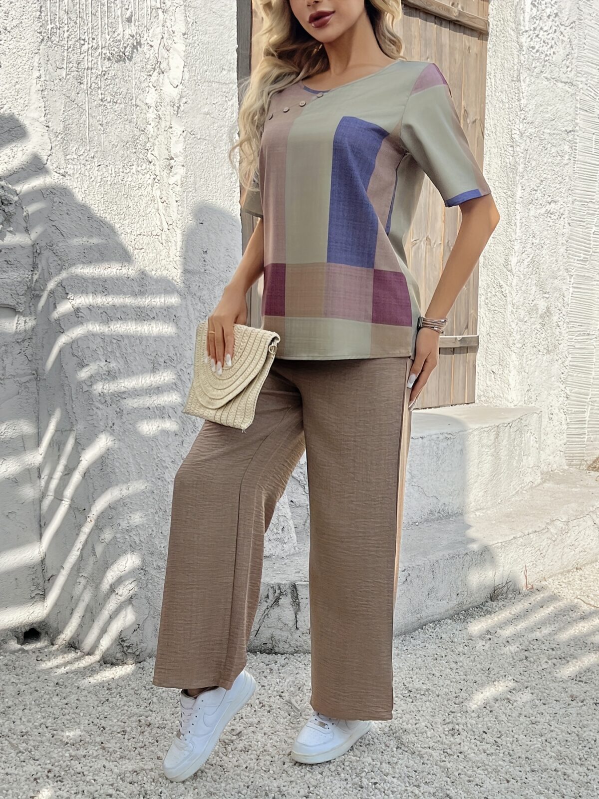 Stylish Cairo Chic Patchwork Casual Suit by Newness A modern and chic patchwork design perfect for spring and summer